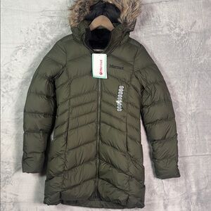 New NWT Marmot Green Montreal 700 Down Fur Parka Puffer Coat Size Xtra Small